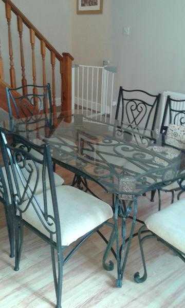 Tempered Glass and Wrought Iron Dining Table and 6 Chairs