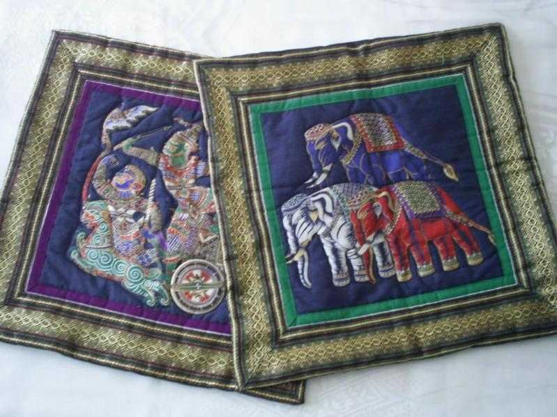 THAI ASIAN BLACK and GOLD QUILTED CUSHION COVERS - ELEPHANTS and DANCERS -  TWO