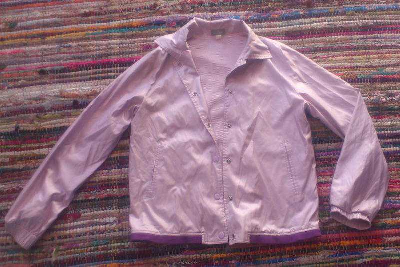 Thin stylish womens jacket in slightly-shiny pink (NafNaf Jeans, Paris) (size 8)