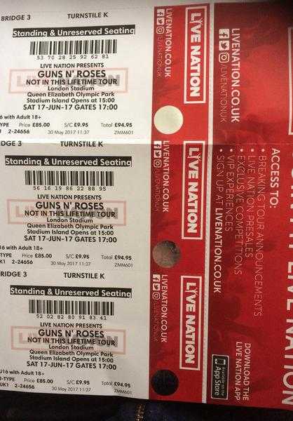 Three Guns N Roses tickets, London stadium. Sat 17th June 2017
