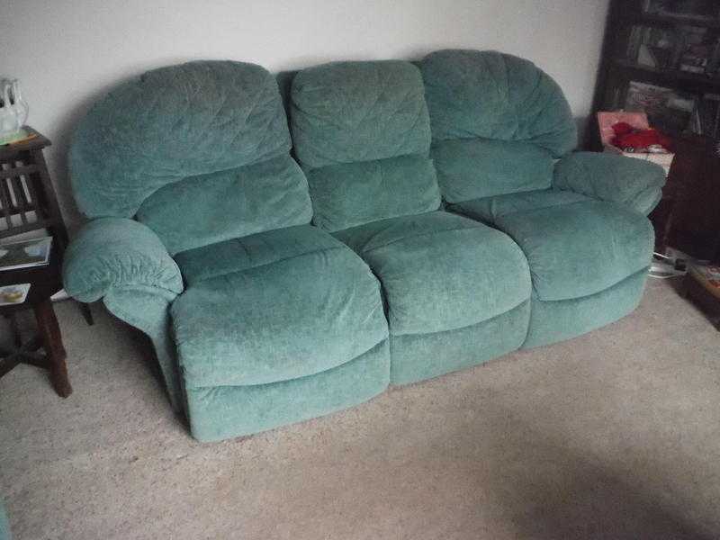 Three Piece High back Recliner Sofa and Two Chairs one fixed, Green Velour, Good Condition, Non Smok