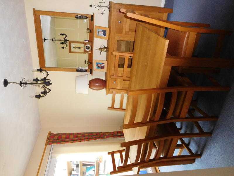 Three Piece Oak Dining Room Table, Chairs and Mirror