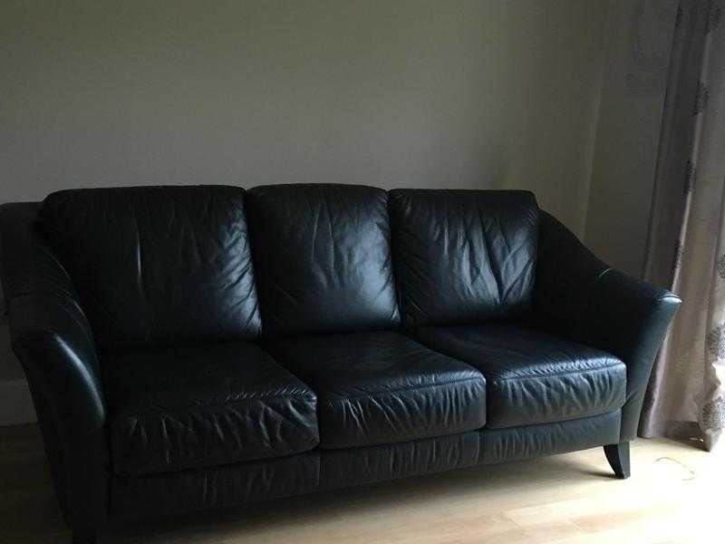 Three seater black leather settee and chair