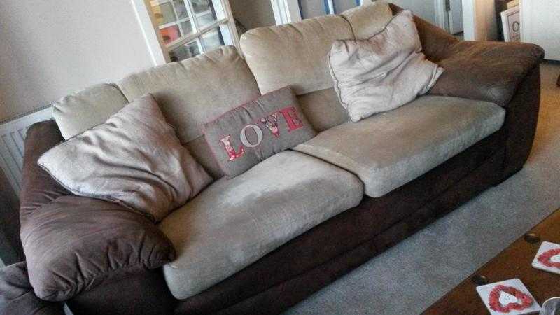 Three seater, two seater sofas and matching storage pouffe