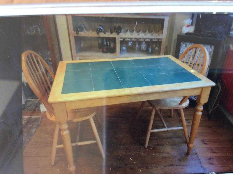 Tile inlaid Pine Table and Four Dining Chairs. Excellent condition house move forces sale.