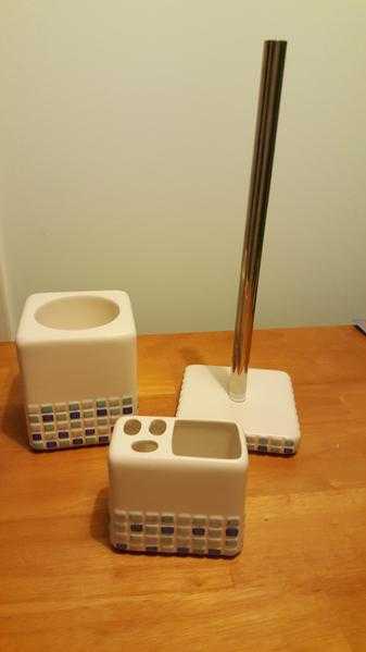 Toilet roll and brush holder, toothbrush holder