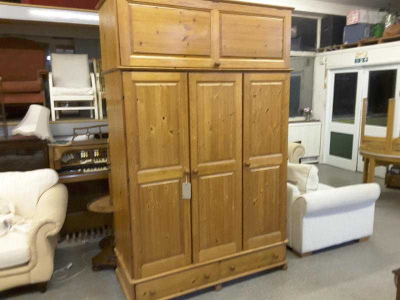 Triple Pine Wardrobe With Hanging Rail, Shelves amp 2 Drawers  - Local Delivery Service Available