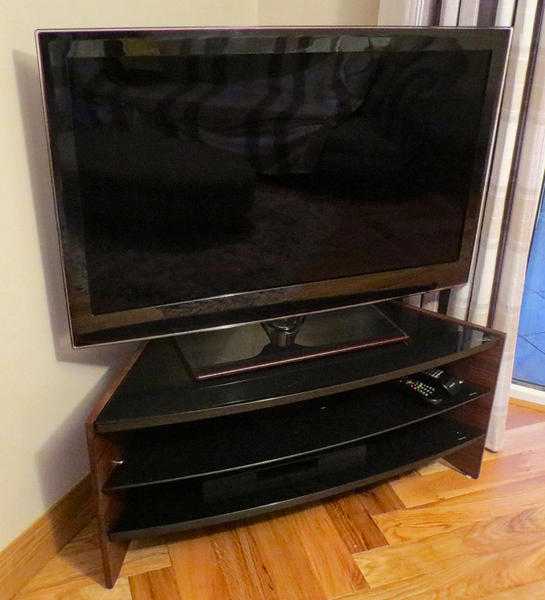 TV STAND Brown Walnut and Black Glass Shelves