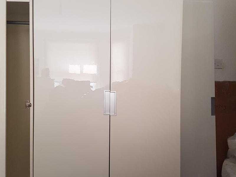 Two Ikea Pax White High Gloss Wardrobes with 4 Drawer Unit