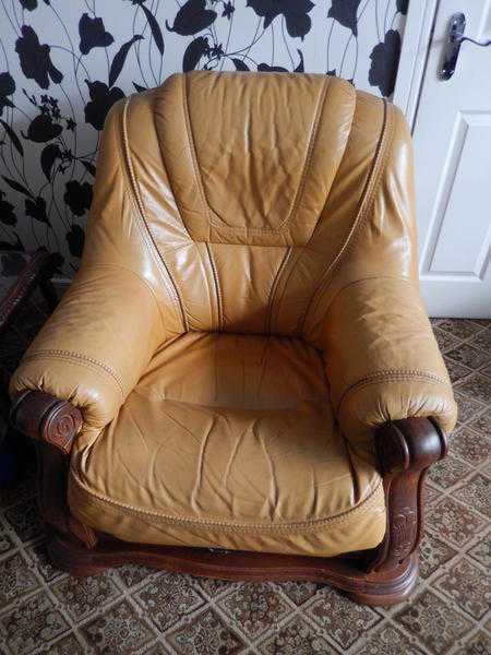 two leather light tan and wood arm chairs with draws ( FREE TO COLLECT )