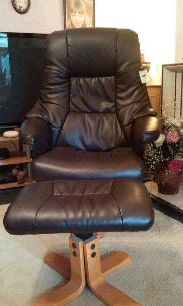 TWO REAL LEATHER RECLINER CHAIRS WITH FOOT STOOLS