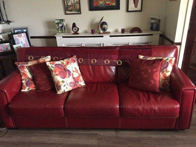 Two Red Leather Sofas amp Footstool with storage