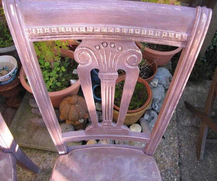 Two unusual hand painted shabby chic boho style chairs suitable for dining room kitchen or bedroom