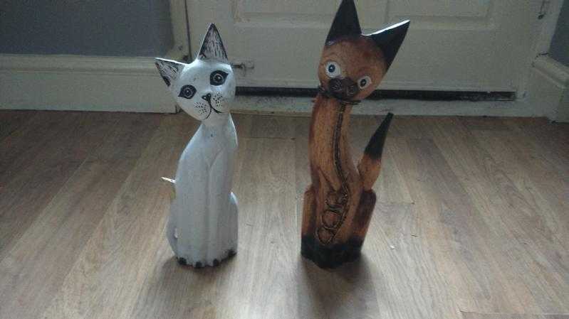 Two Wooden Ornament Cats