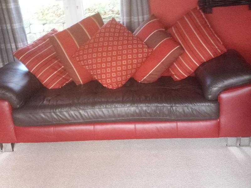 TWO....3 seater modern leather sofas in red and brown 2 tone design