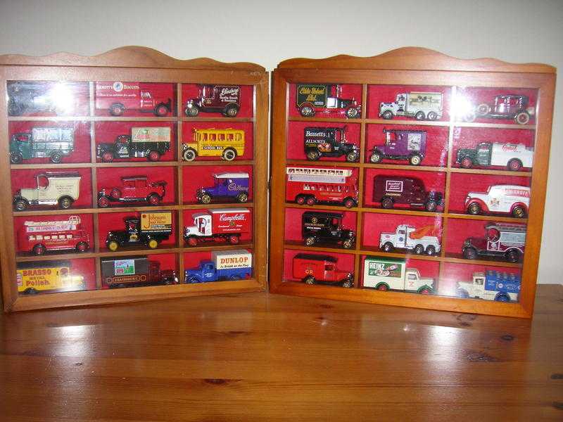 Unique Gift 30 Collectible Toy Lorries in 2 wooden display cases