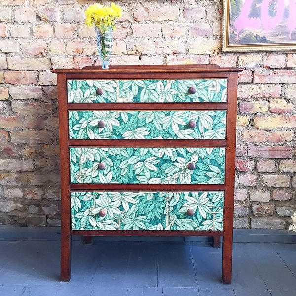 Upcycled vintage retro chest of drawers solid wood Fornasetti decoupage