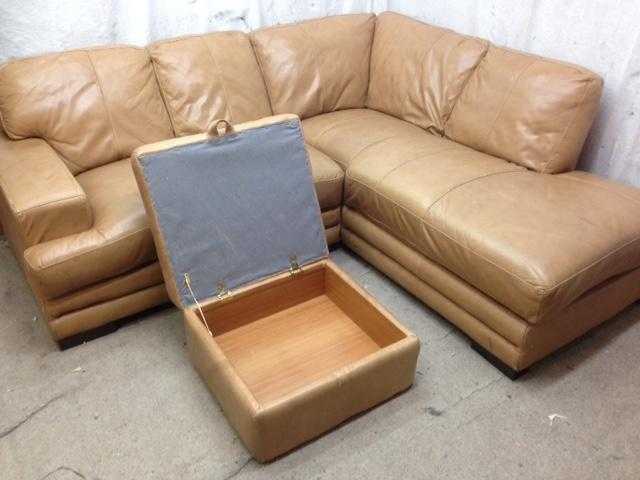 very good condition natural tan brown leather corner sofa with storage footstool