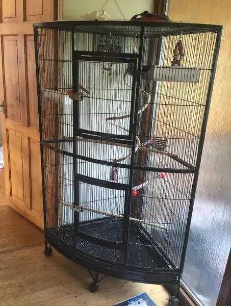 VERY LARGE CORNER BIRD CAGE ON WHEELS WITH ACCESSORIES