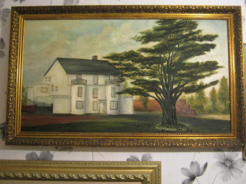 very large gilt framed 20th century oil painting on canvas of Motel , signed