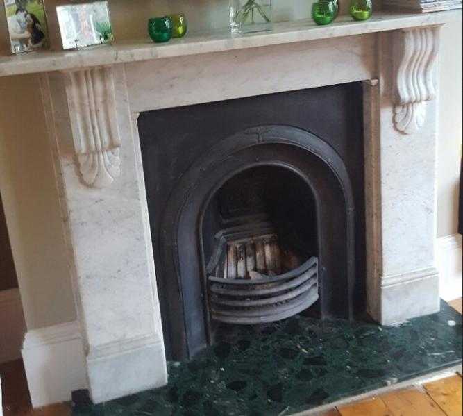Victorian white marble fireplace and cast iron insert for sale