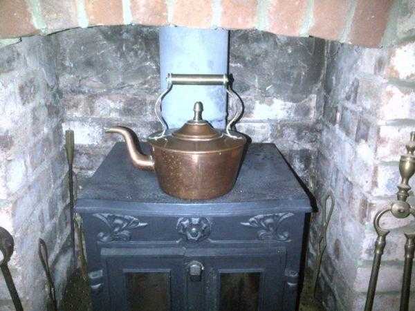 Vintage antique copper and brass kettle stove fireside or kitchen range hob