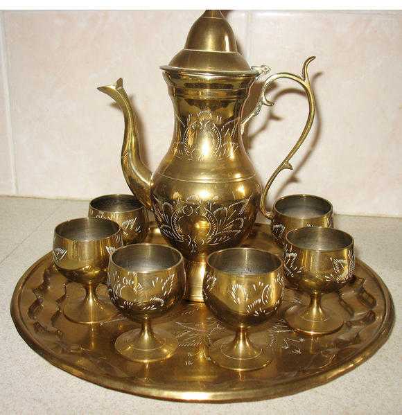 Vintage Brass Ornamental TeaCoffee Set with Tray and Six Goblets