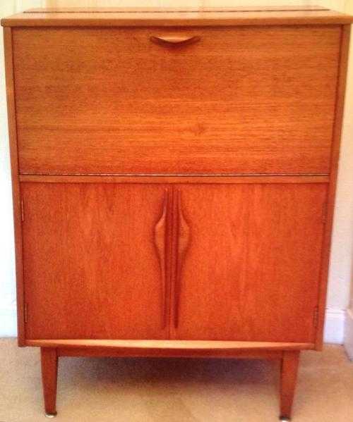 Vintage Cocktail Cabinet or Bar with light, legs,drop down flap and large bottom cupboard