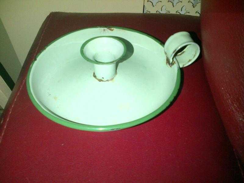 vintage french style green enamel metal candle stick wee willie winkie holder table centre piece