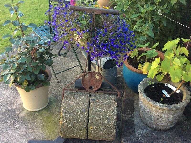 Vintage garden roller, stone base and metal handle. Use as roller or make lovely garden feature