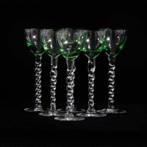 Vintage Green Bowl Twisted Stem Aperitif  Cordial Glasses x6 at kode-store