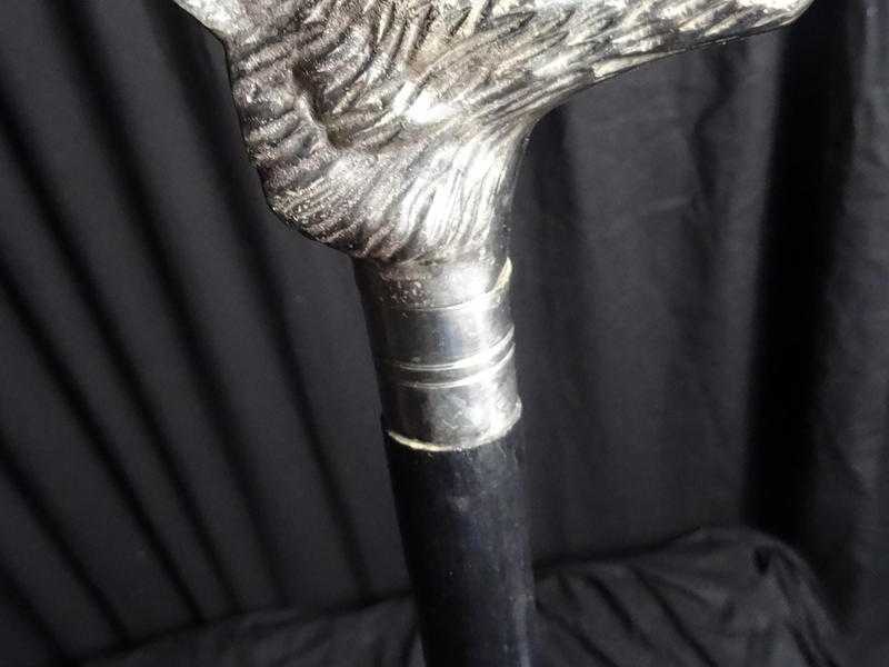 Vintage Handmade Ebony Color Hardwood Silverplate Wolf Head Handle Walking Stick