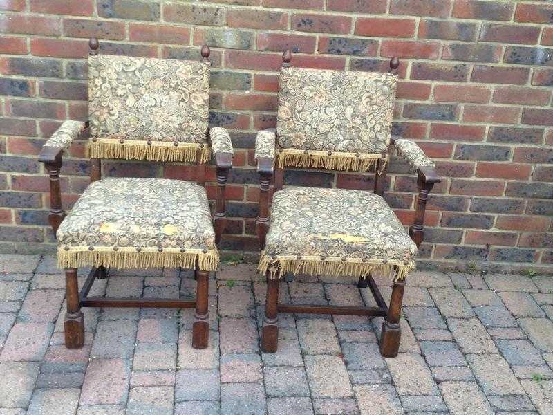 Vintage Oak and tapestry carvers X 2