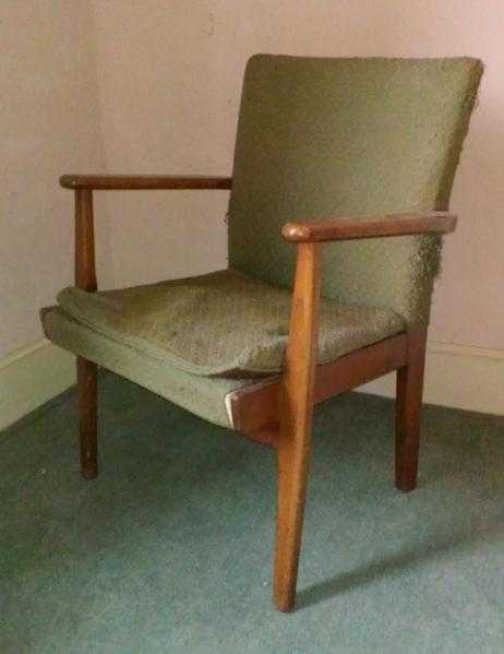 Vintage Parker Knoll Easy Chair, Armchair, Solid Wood, Green fabric Model PK733