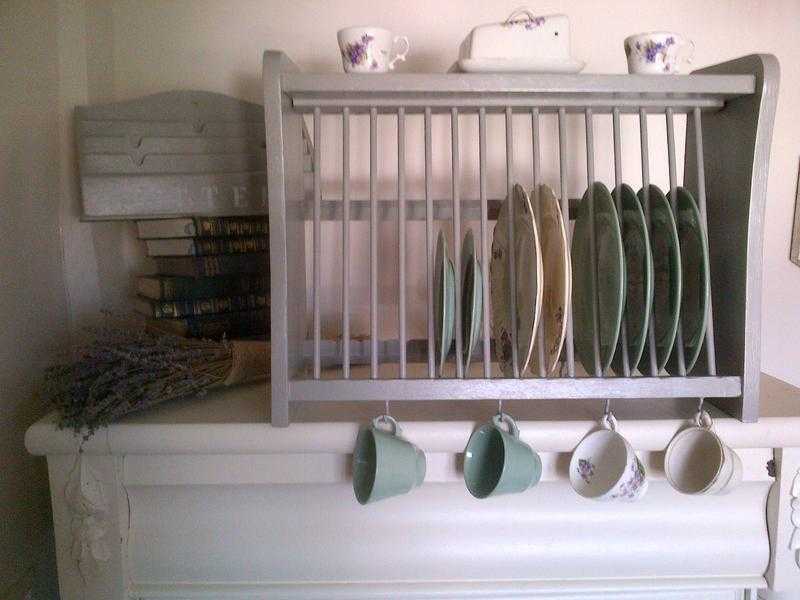 Vintage shabby chic grey FampB painted kitchen pine plate rack storage display dresser shelf cup hooks