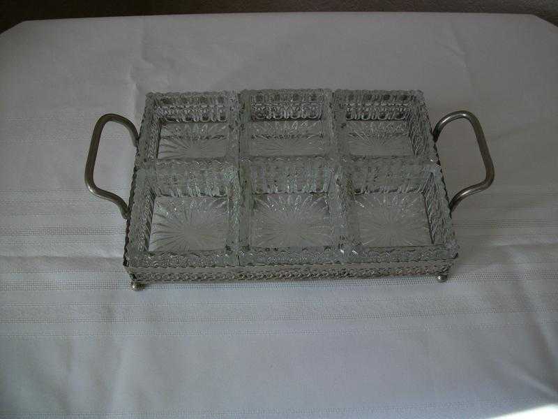Vintage silver tone tray with 6 glass dishes
