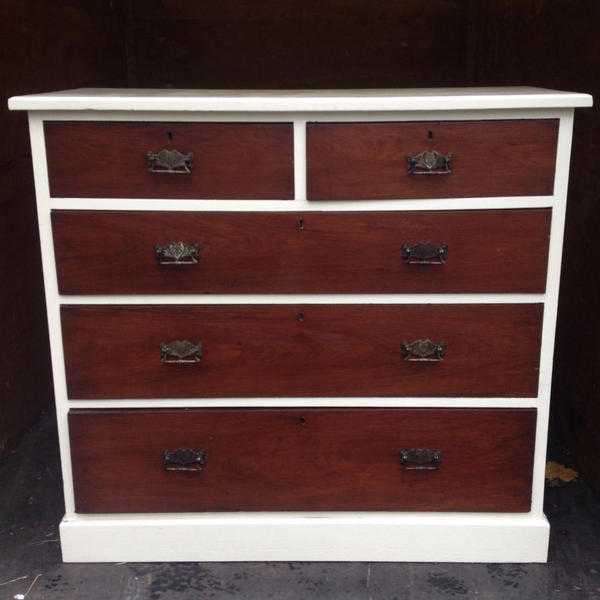 VINTAGE SOLID WOOD CHEST OF DRAWERS, BRASS HANDLES