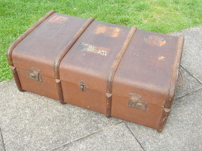 Vintage steam ship trunk. Curved top with wooden bands. Pacific Line to South America shipping label