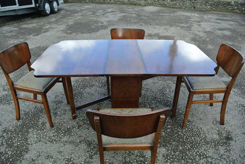 Vintage Walnut Veneer Drop Leaf Table with 4 Chairs