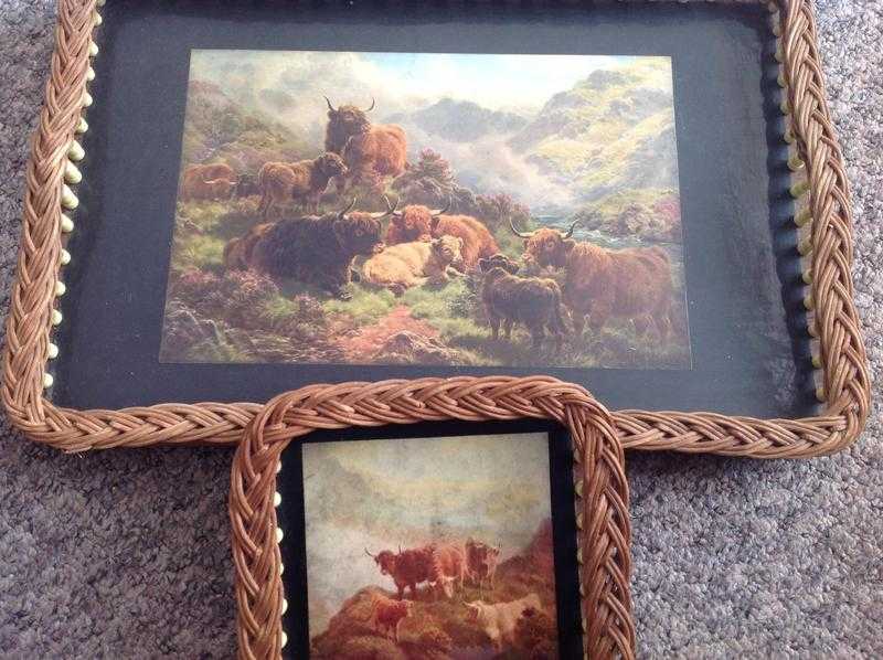 Vintage wooden tray amp teapot stand with buffalo scene