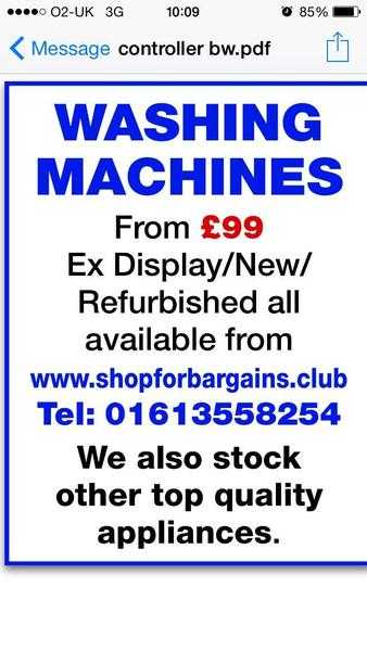 Washing machines from 99 New. Exdisplay or refurbished appliances