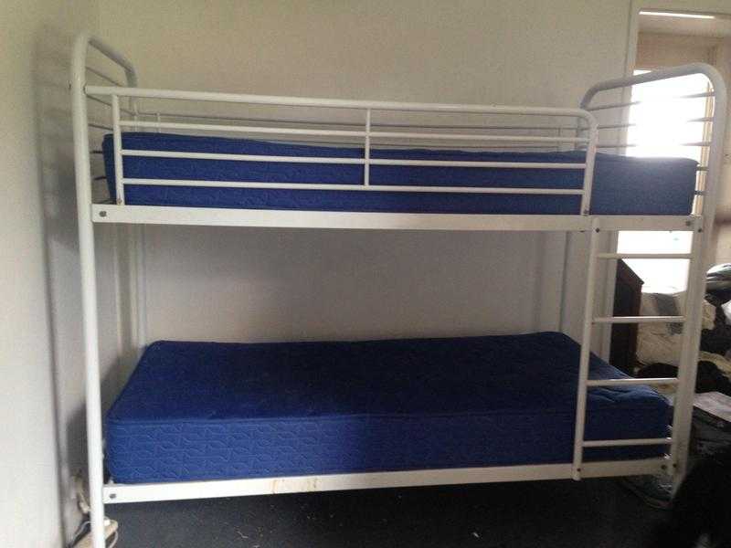 White metal double bunk bed frame and one mattress