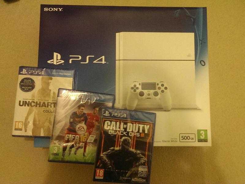 White PS4 (500gb), 1 controller, 3 games, all brand new and sealed