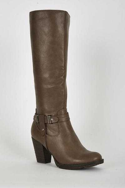 Womens Ladies Khaki Mid Block Heel Zip Knee High Boots Sizes UK 4,8 New