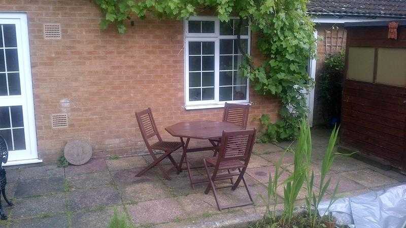 WOODEN GARDEN TABLE, 3 MATCHING CHAIRS AND BENCH SET