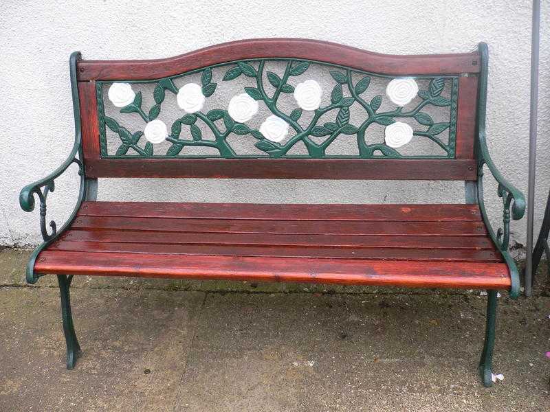 wrought iron hardwood garden bench.