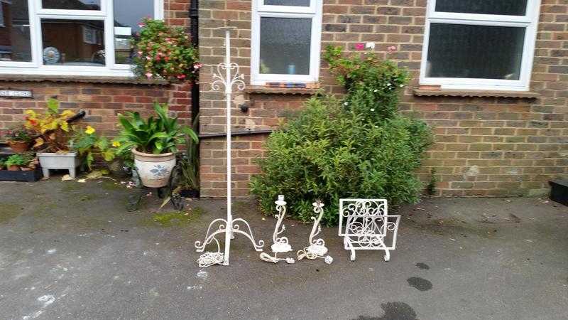 Wrought iron standard lamp, 2 table lamps and a magazine rack