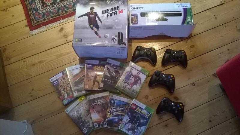 X BOX 360 and 8 games kinect 4 controllers