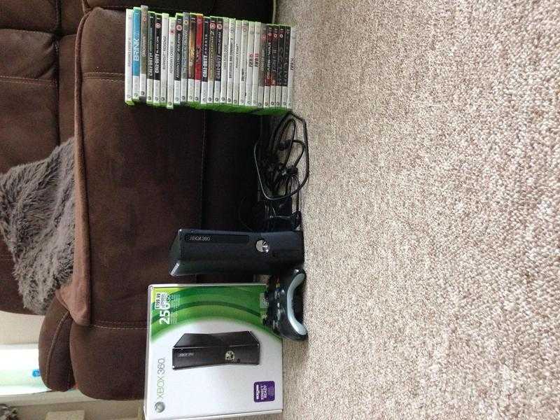 Xbox 360 250Gb with 26 games,2 controllers,play and charge kit,hdmi cable,power pack