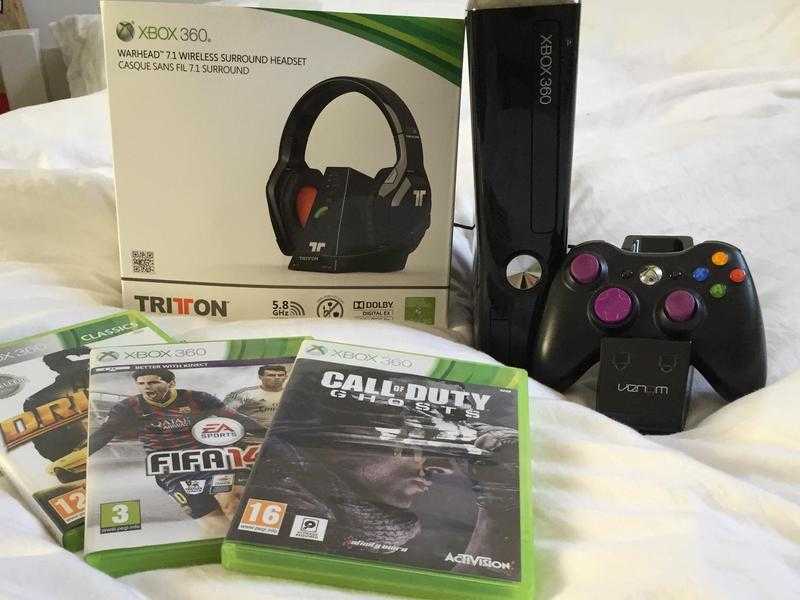 XBOX 360 BUNDLE with 23 games, Triton 7.1 headset and Venom controller dock